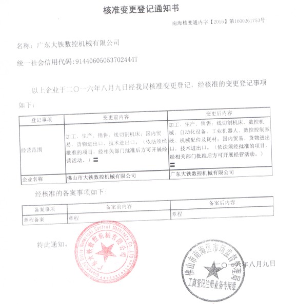 廣東大鐵數(shù)控機(jī)械有限公司變更通知書